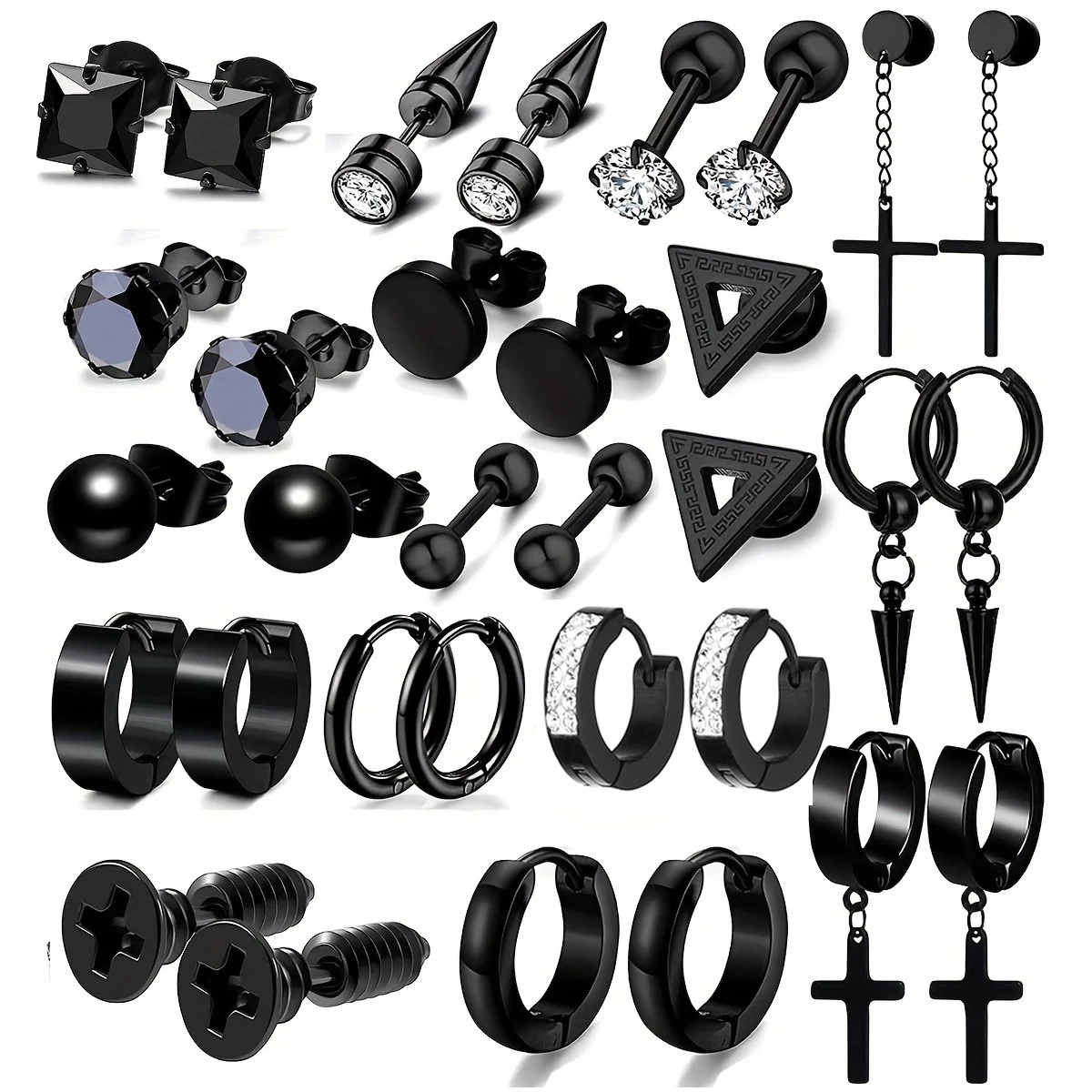 16 Pairs Stud Earrings For Men Black Set Stainless Steel Cross Pendant Hoop And Stud Earrings, Fashion Jewelry For Parties