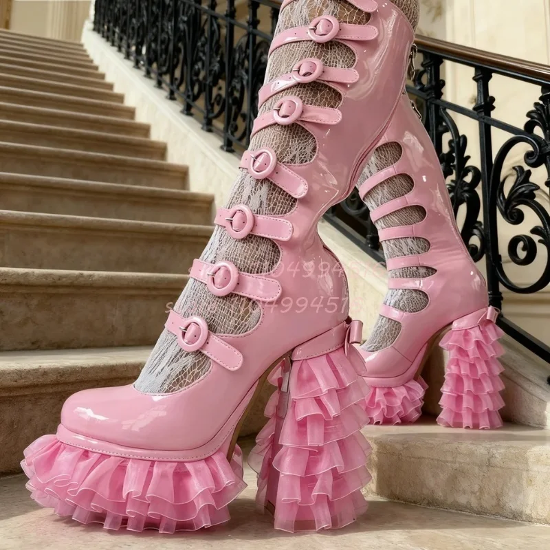 

Pink Leather Ruffle Platform Knee High Boots Women Buckle Strap Back Zipper Chunky Heel Boots Fashion Sweet Party Lolita Shoes