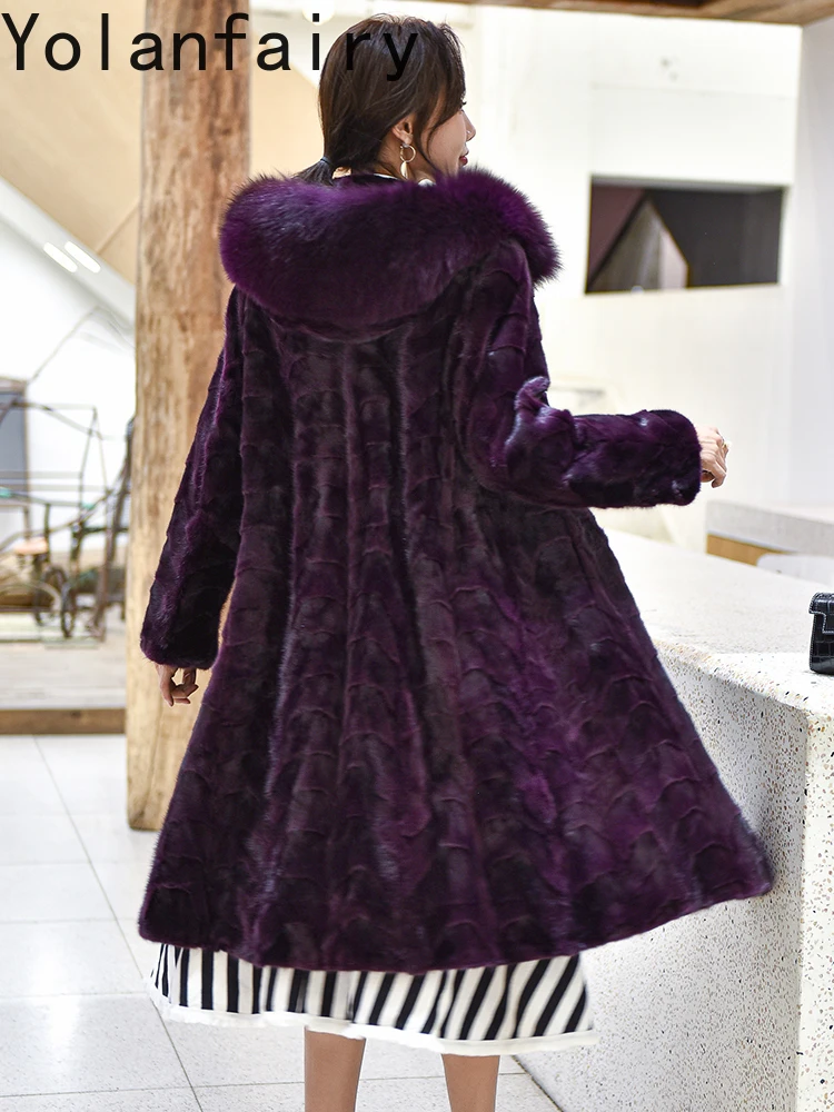 YOLANFAIRY High Quality Splicing Mink Real Fur Coat Woman Winter 2025 Mid-long Hooded Fur Jacket Mink Black Fur Coats Fox Collar