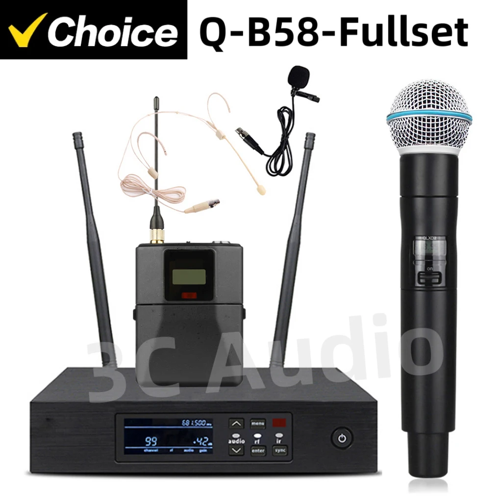 Acessórios para Microfone QLX-B58-Fullset 500/600MHz Sistema Sem Fio Profissional UHF de Metal Portátil para Performance de Karaokê em Palco