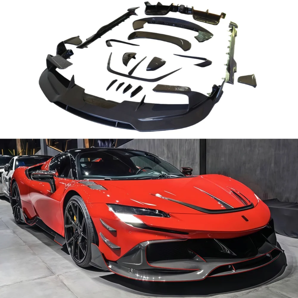 M-style Dry Carbon Fiber Front Lip, Rear Diffuser, Tail Wing with Light Package Kit Modified for Ferrari SF90