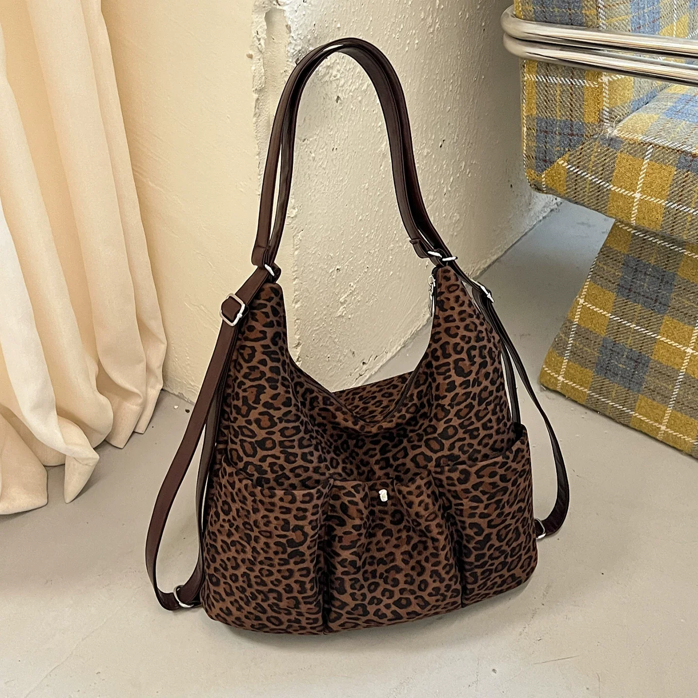 Leopard Print Hobo Bag Women Autumn Large Capacity Pleated Shoulder Backpack Multi‑use Casual Daily Commute Crossbody Handbag