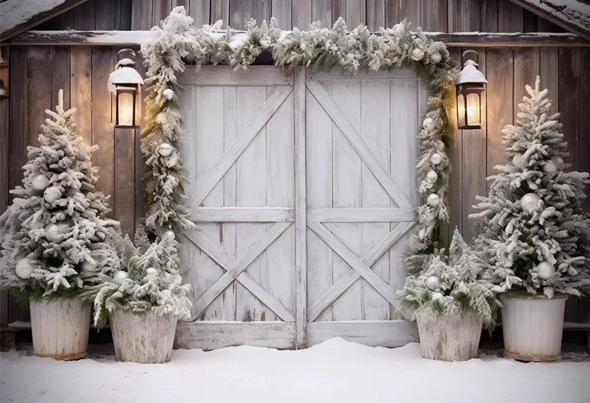 Mehofond Winter Red Barn Photography Backdrop Family Holiday Party Xmas Snow Pine Tree Giltter Wood Door Decor Photo Background image 2