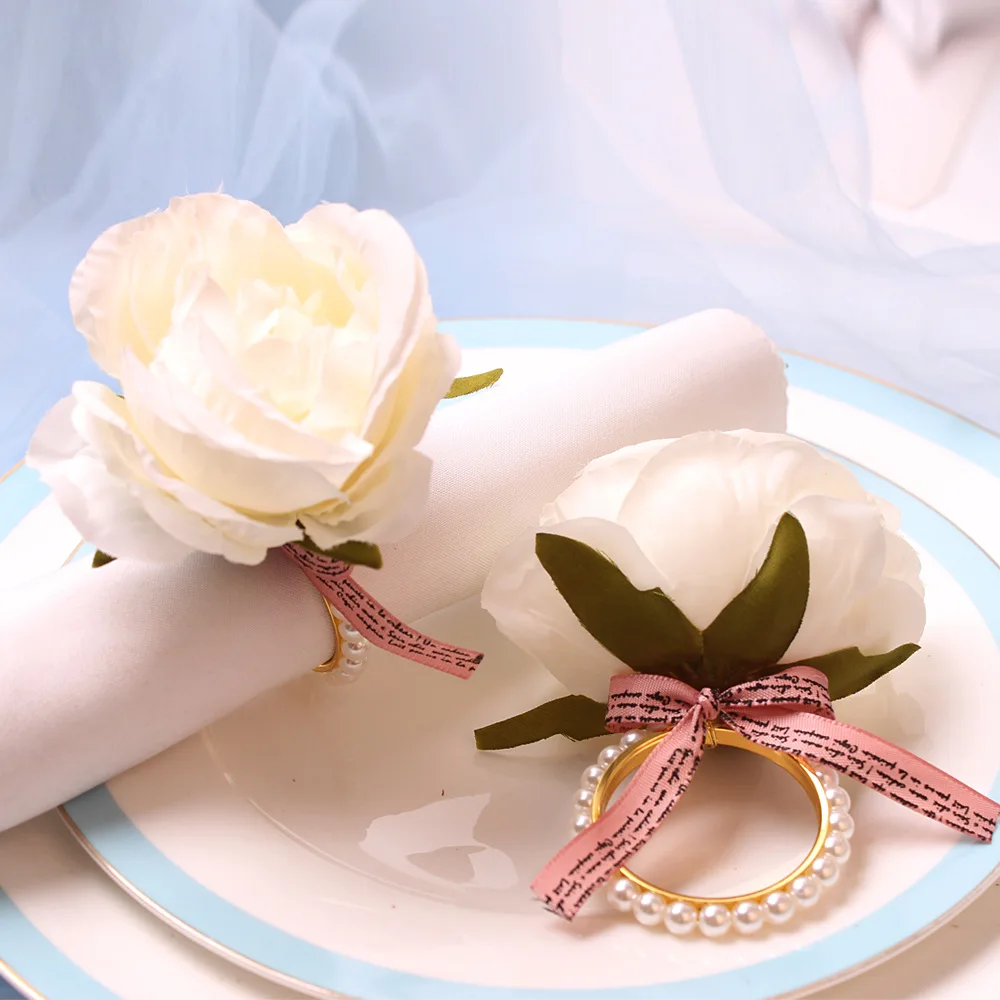 6PCS Napkin Clasp Creative Pearl Rose Napkin Ring Wedding Party Decoration Serviette Buckle Hotel Table Decoration Ornaments