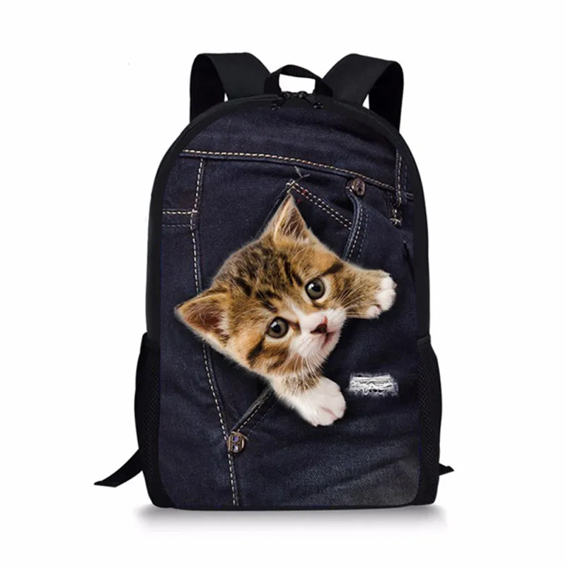 Black Denim Pocket Cat Student School Bag Kitten Printed Backpack Teenager Daily Casual Backpack Women Men Travel Rucksacks