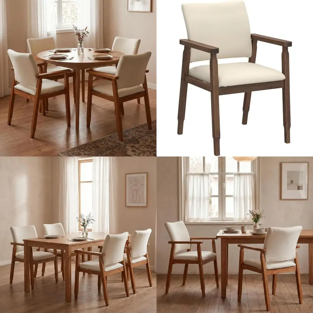 

2 Century Modern Walnut Dining Chairs with Beige Fabric Arms for Kitchen and Living Room Decor