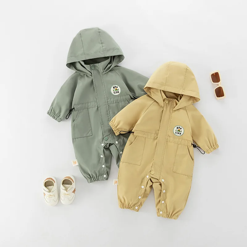 0-2 Years Autumn Newborn Boys Hooded Bodysuit Zipper Cargo Stormwear Wind Waist Cinching Baby Boys Romper Infant Boys Jumpsuit