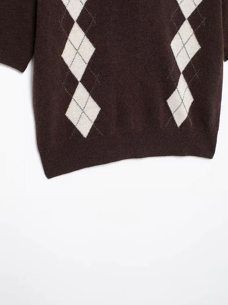 NLZG 2025 Women Argyle Knitted Sweater Short Sleeve Turn-down Collar Short Sweaters Woman Chic Casual Pullovers Tops