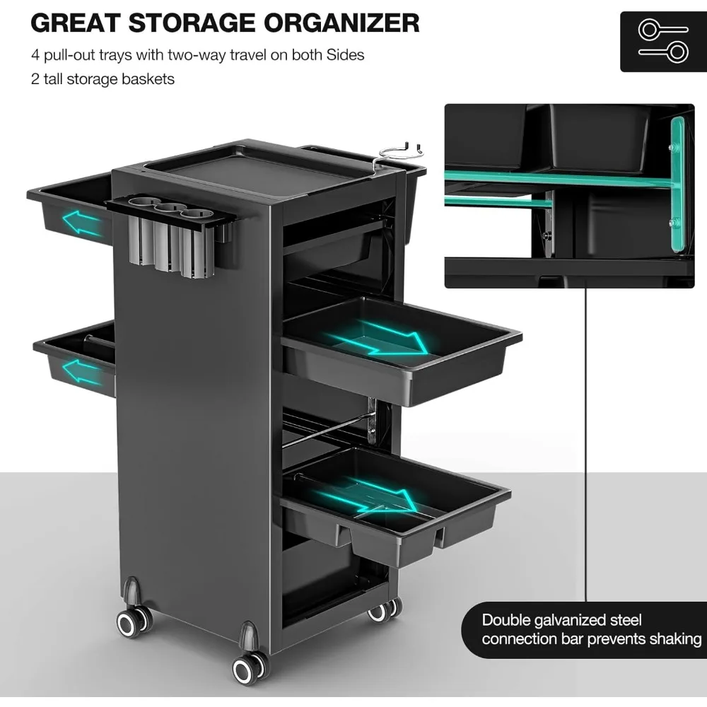 Salon Trolley Cart for Hair Stylist, 4 Organized Drawers, 2 Storage Baskets, Hairdryer & Tools Holder