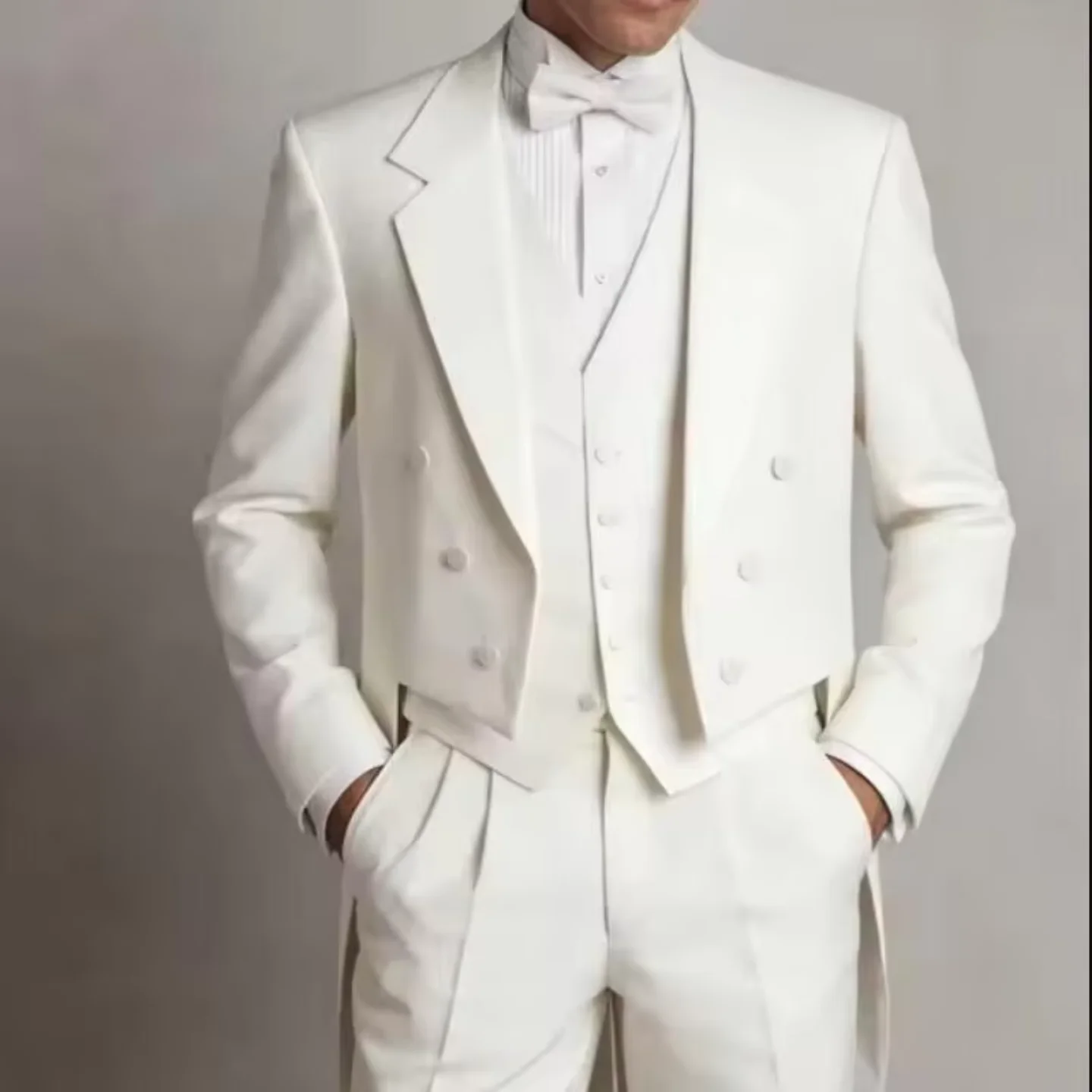 Men's White 3 Piece Tailcoat Tuxedo Double Breasted Peak Lapel Vest Pants Formal Events Business Wedding Guest Gala Customized