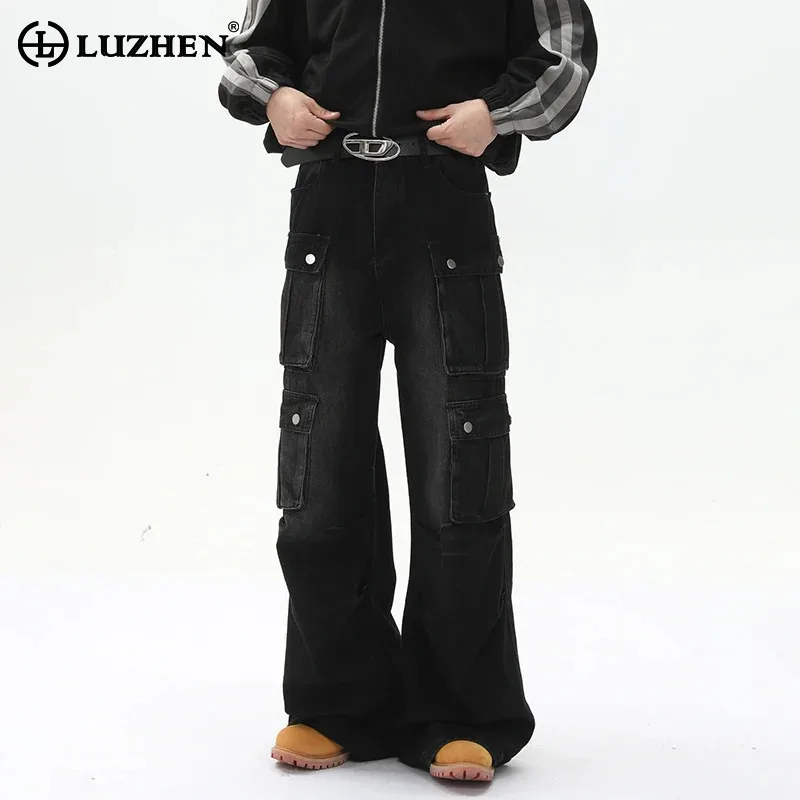 LUZHEN Fashion Vintage Washed Straight Jeans Men 2025 New Buttoned Decorate Multi Pockets Design Loose Cargo Denim Pants JY3765