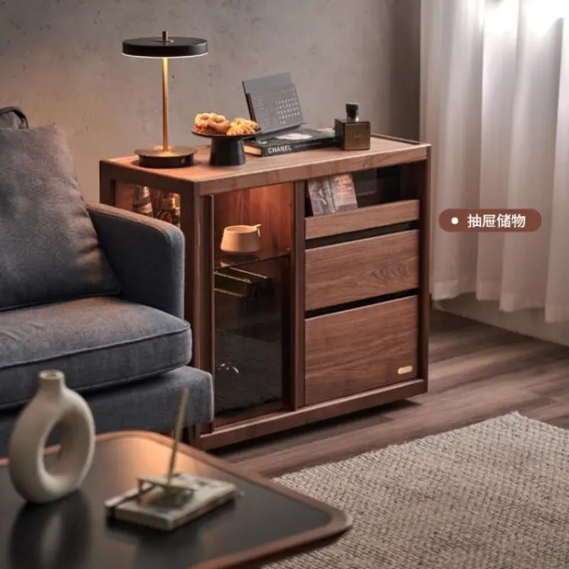 

Solid wood display cabinet Sofa side cabinet Black walnut movable tea set storage cabinet Figure display Solid wood tea set cabi