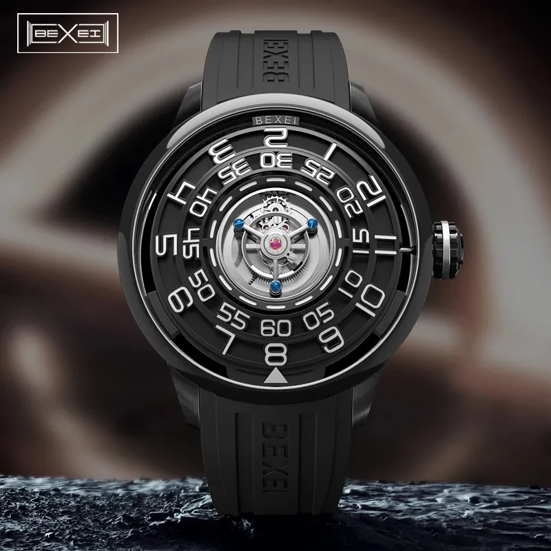 BEXEI Tourbillon mecánico reloj de lujo para hombre centro volador de lujo Tourbillon movimiento Manual reloj de hombre agujero negro hueco 9110