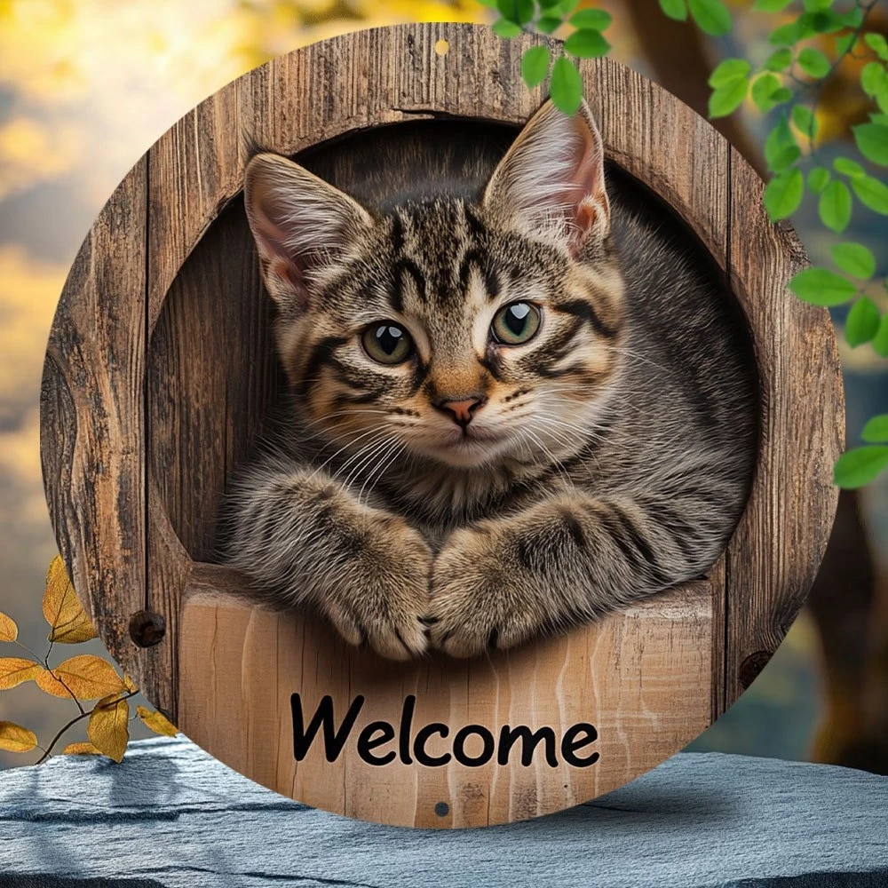 2D 8in Vintage Animal Circular Welcome Sign Cat Home Tree Decora Item Animal Maine Coon Enthusiast Background Wall Accessory