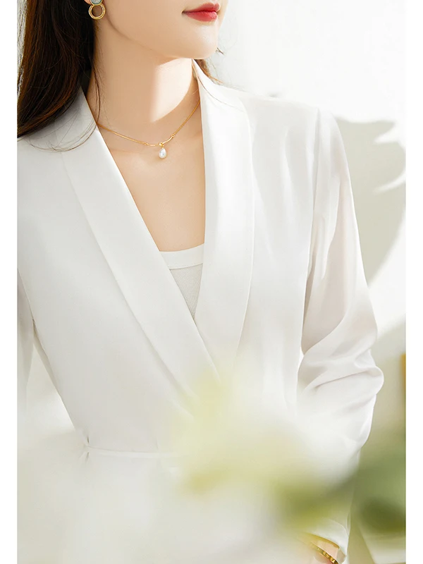 

Chenyun White V-ne Slimming Long Sve irt Women's Faionable Ele Sle Polyester Blend Comfortable Commute Wear