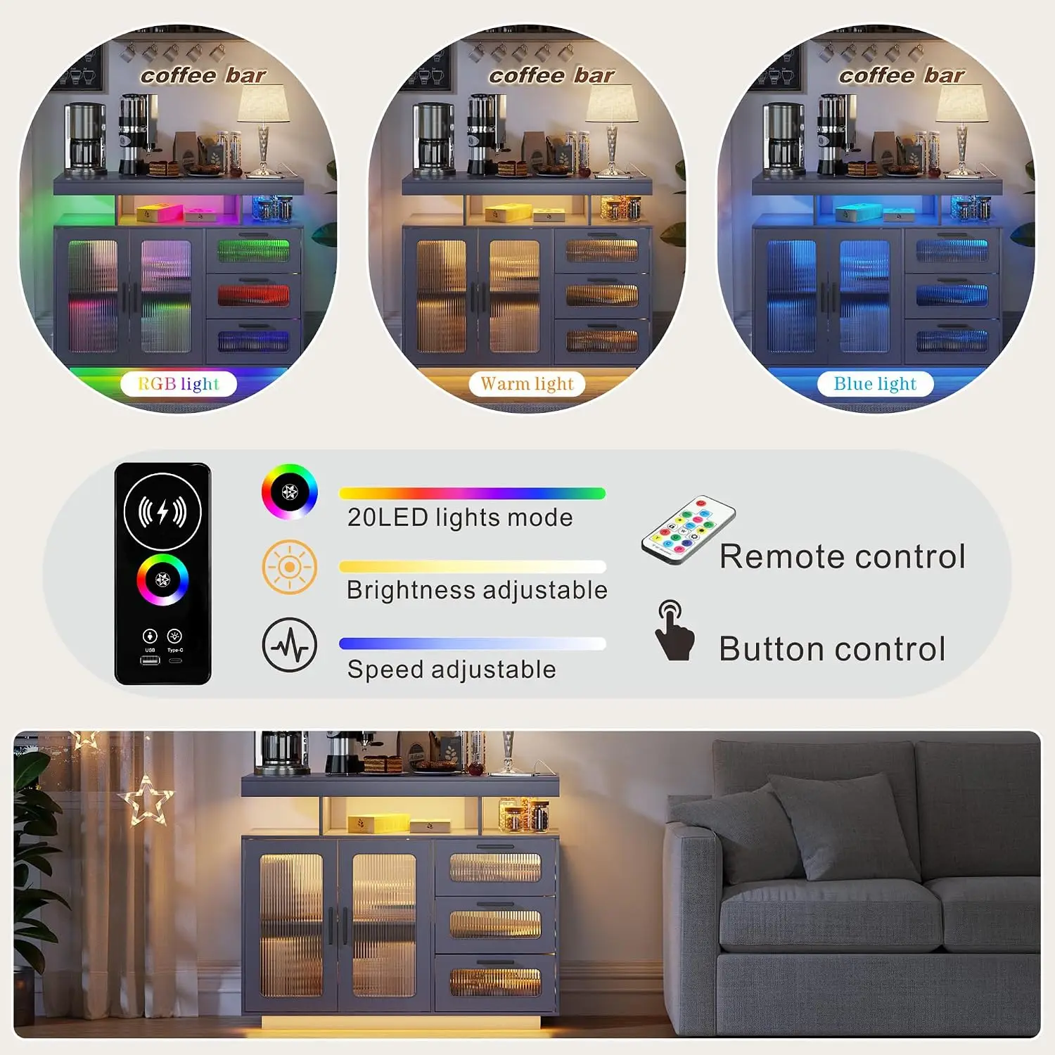 Coffee Bar Cabinet with Charging Station & RGB Lights, Home Kitchen Storage Organizer with Adjustable Shelves, Customized image 3
