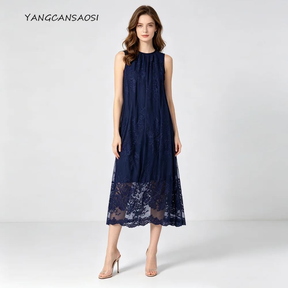 Heavy Industry Embroidery Deep Blue 100% Natural Mulberry Silk Georgette Extended Tank Top Women's Casual Dress