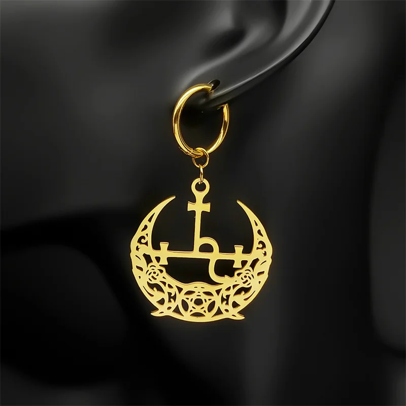 Wicca Triple Moon Crescent Pentagram Hoop Earrings For Women Men Stainless Steel Gold Color Satan Lilith Drop Earrings Jewelry