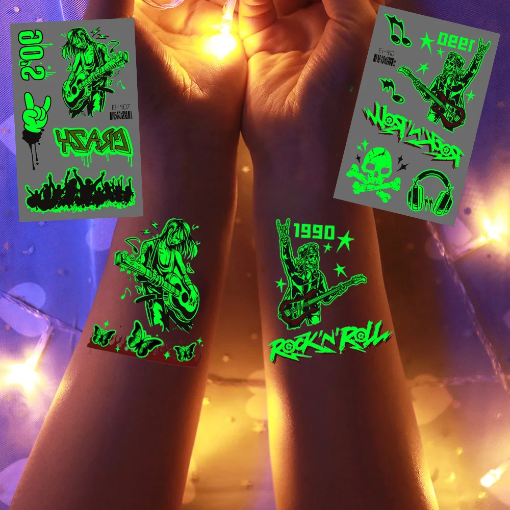12 Sheets Luminous Music Rock & Roll Temporary Tattoos, Music Birthday Party Supply, Gifts, Nightclub Music Festival Party Decor