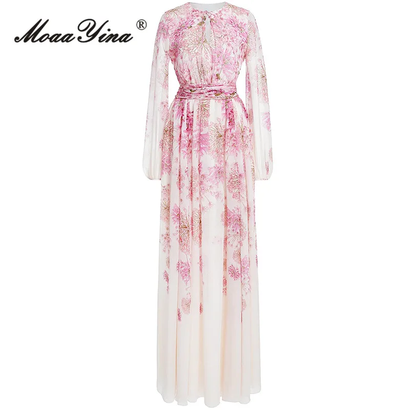 

MoaaYina Spring Fashion Runway Elegant Print Party Dress Women Lantern Sleeve Frenulum Ruched High Waist Slim A-LINE Long Dress