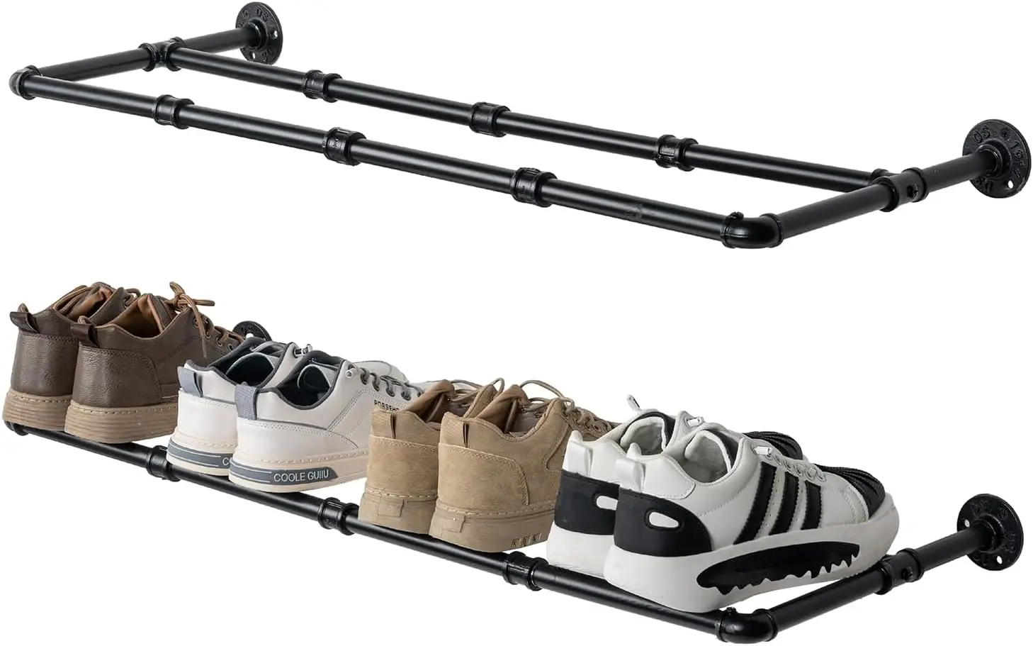 

Industrial Matte Black Metal Pipe Hanging Shoe And Boot Rack Organizer Shelf, Wall Mounted Space Saving Footwear Storage