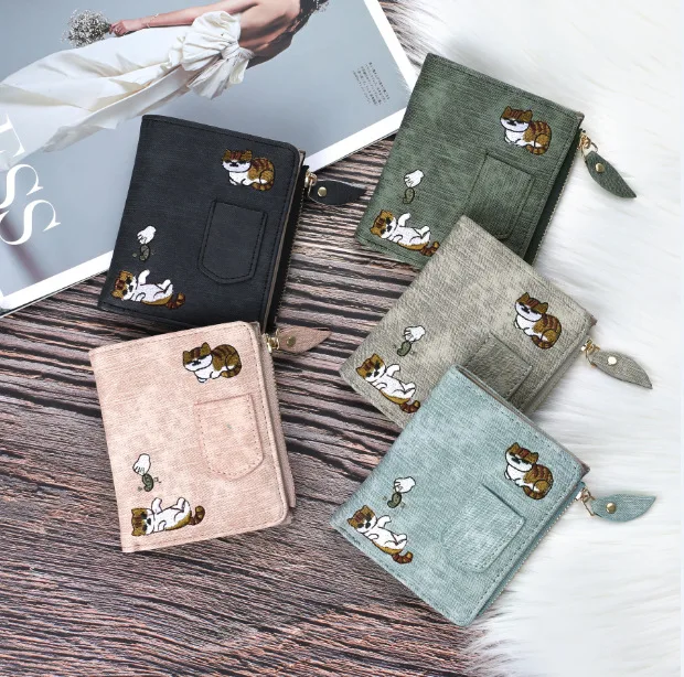 Nuevo diseño de cartera para Mujer, cartera con bordado de gato, monedero con cremallera, cartera corta para Mujer, Mini tarjetero, Carteras para Mujer