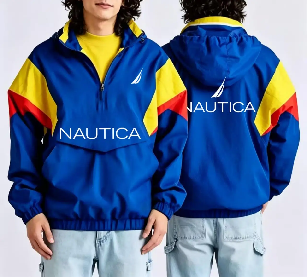 NAUTICA Nautical Half-Zip Pullover Hoodie Jacket Retro Color-Block Outdoor Sports Multifunctional Windproof Coat