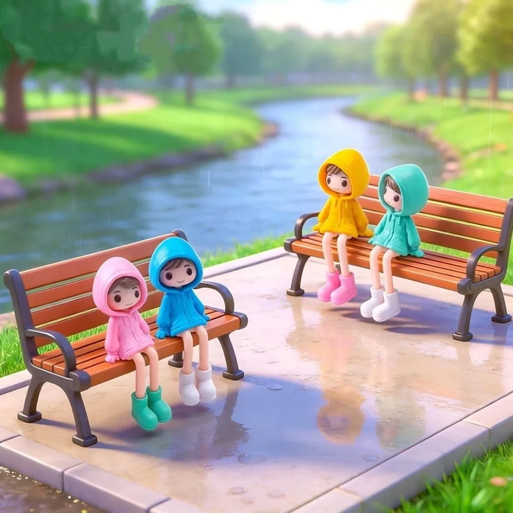 4Pcs PVC Raincoat Figurine Set Long Legged Rain Boots Miniature Hoodie Girl Figure DIY Craft Colorful