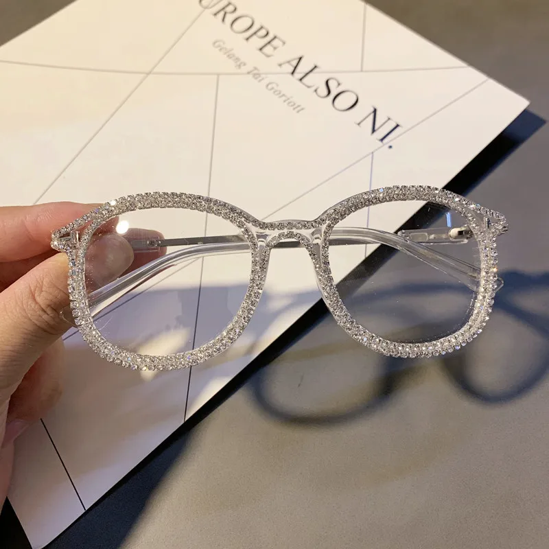 Crystal Retro Square Eyeglasses Women Diamond Eyewear Brand Designer Fashion Transparent Frame Delicate Rhinestone Spectacles