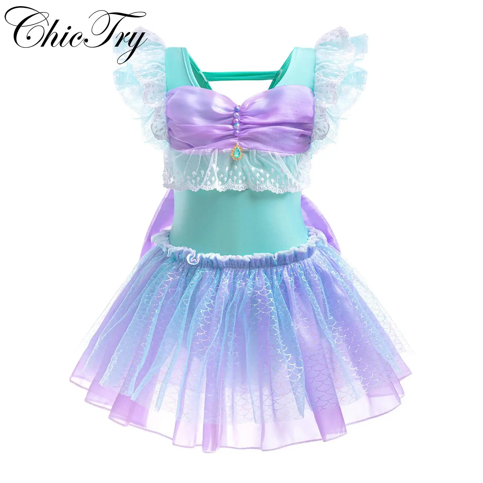 

Kids Girls Mermaid Cosplay Costume Roleplay Party Dress One Piece Swimwear Tiered Flutter Sleeve Fish Scale Printed Bathing Suit