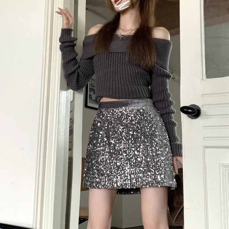 

Fashion New Sequin Skirt Women Spring Summer Black Sliver High Waist Elastic Slim Mini Skirts Y2K Girls