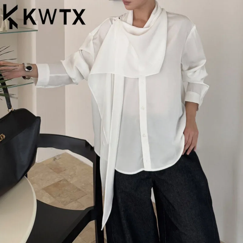 

KWTX Women’s Elegant Button Down Blouse Irregular Ribbon Design Casual Comfortable Solid Color Spring Summer Simple High Quality