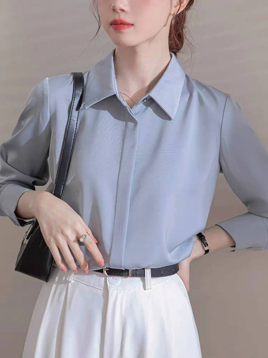 بلوزة نسائية من الساتان بأكمام طويلة قمصان عصرية فرنسية بلون سادة ملابس مكتب للسيدات قمصان نسائية أنيقة ملابس نسائية كورية