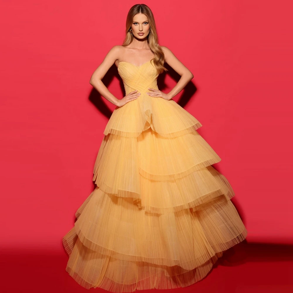 Sweethear Yellow Layered Tulle Ball Gown Ruffled Floor Length Woman Clothes See Through Folds Evening Dresses Ever Pretty