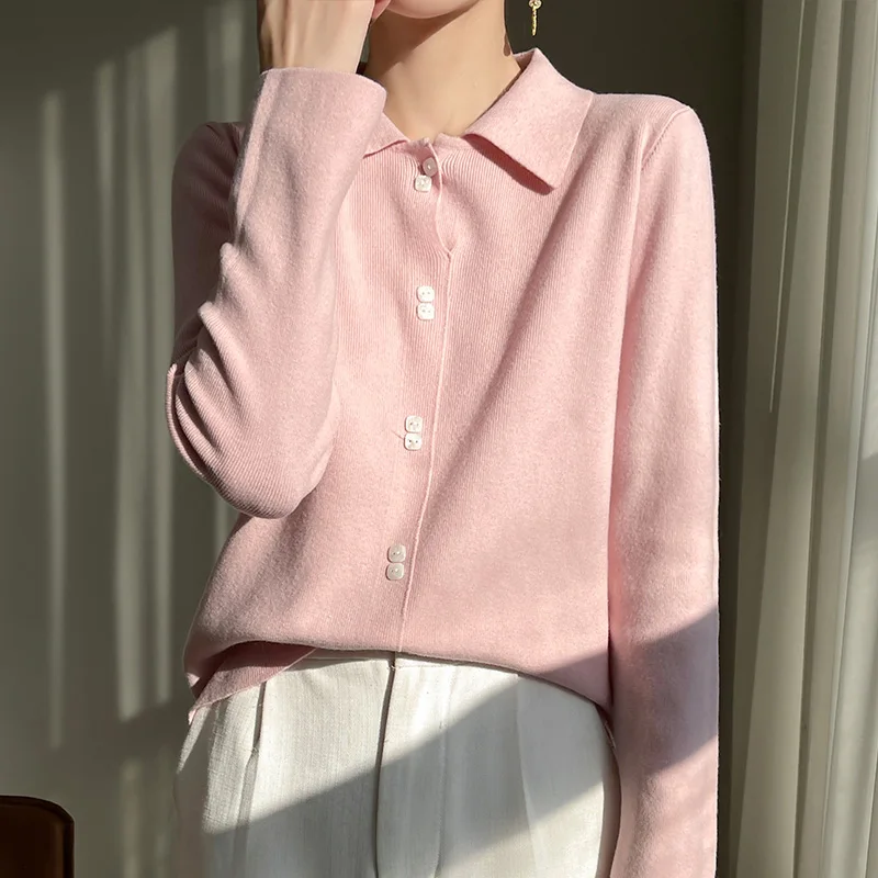 2024 New Lapel Neck Long Sleeve Cashmere Cardigan Women Sweater Coat Top