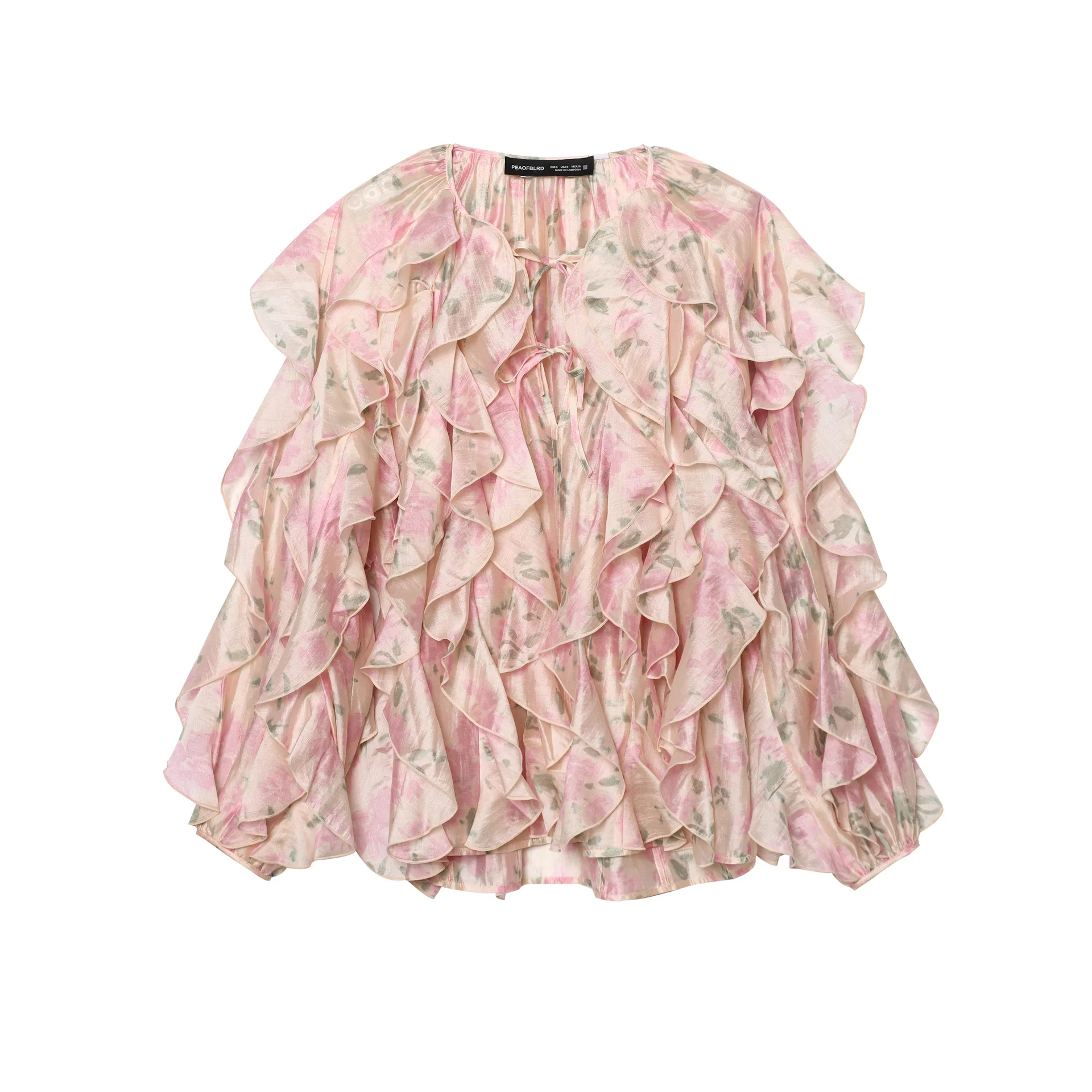 

2025 European and American style women's printed lotus leaf long sleeve chiffon shirt fashionable French design sense
