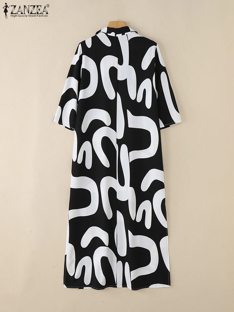 ZANZEA Fashion 2025 Autumn Women Lapel Neck Long Sleeve Dress Printed Dresses Robe Femme Maxi Long Dress Casual Kaftan Oversize