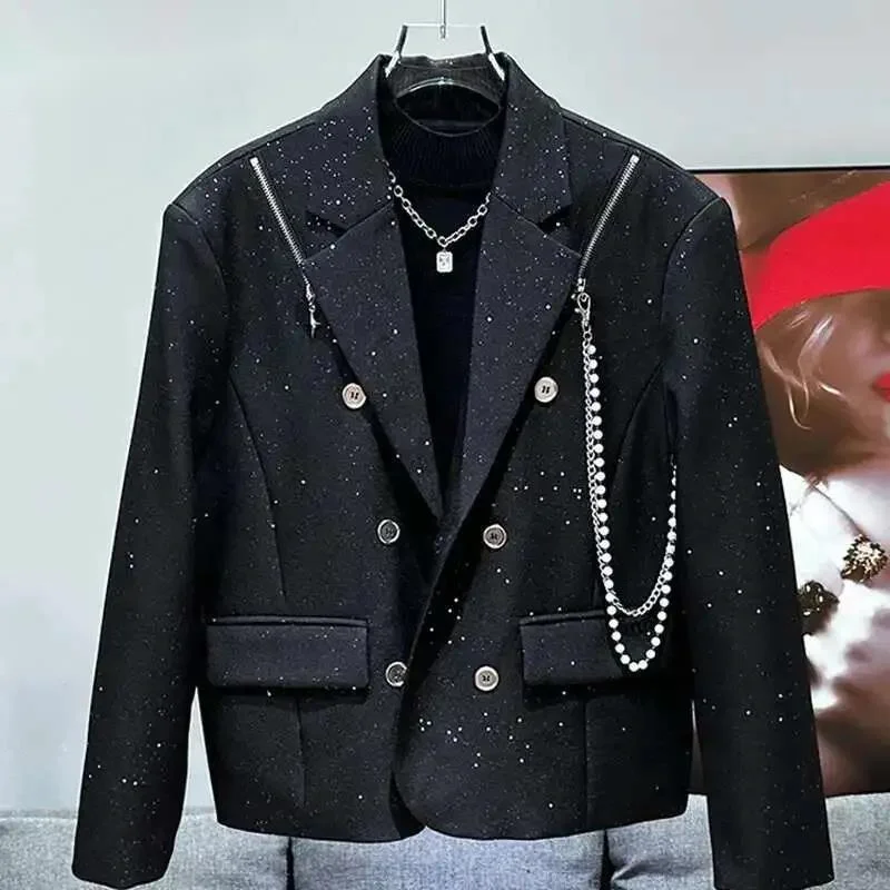 2024 New Fashionable Stylish Casual Sequin Design Suit Jacket Metal Chain Decoration Long Sleeve Male Tops XDSE4
