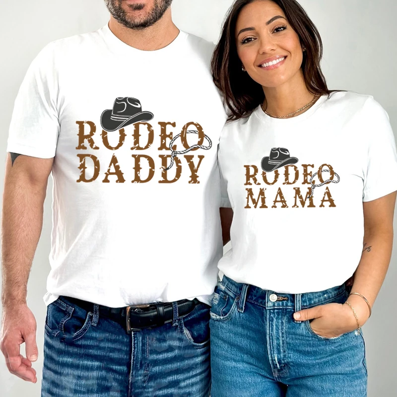 T-shirt assressentipour couples, t-shirt décontracté pour amoureux, lettre imprimée Rodeo Mama, mode d'été, mari, femme