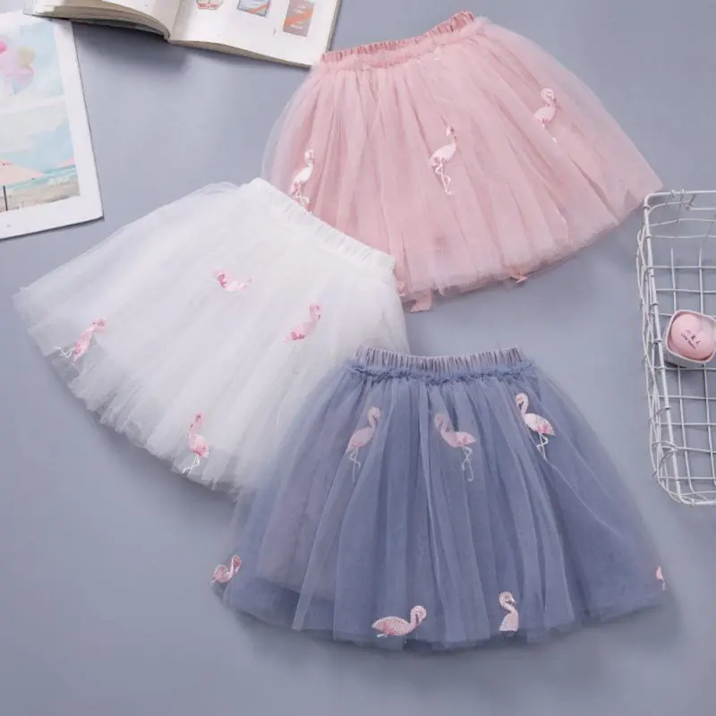 Kids Miniskirts Girls Short Skirt Bird Embroidery Mesh Children Princess Dancewear Party Costume Ball Gown Skirt Elastic Clothes