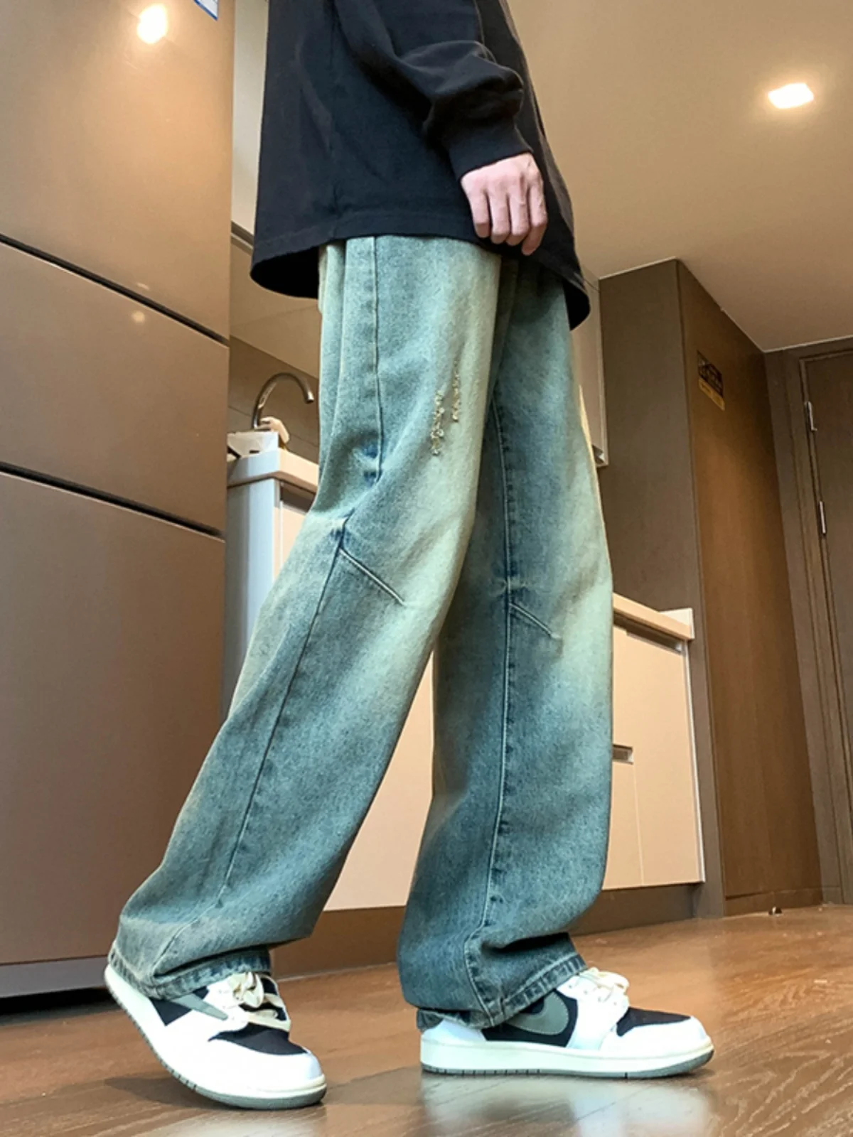 

Retro American Denim Jeans Men's Waed Loose Wide Leg Pants Straight Casual Trousers Spring Autumn Trendy Jeans