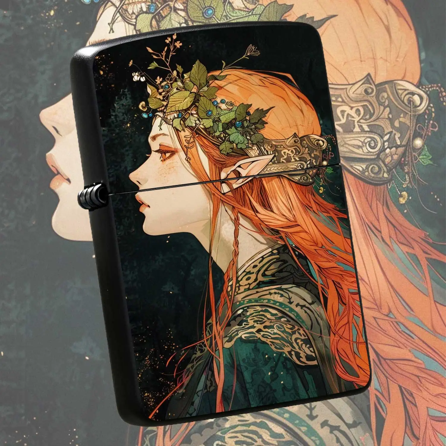 Flip-Top Pocket Windproof  Lighter with Vintage Forest Elf Pattern, Exquisite Fantasy Style Design, Durable Textured Body, Long-Lasting Performance, Portable Size for Daily and Outdoor Needs Humorous and Fun Lighter