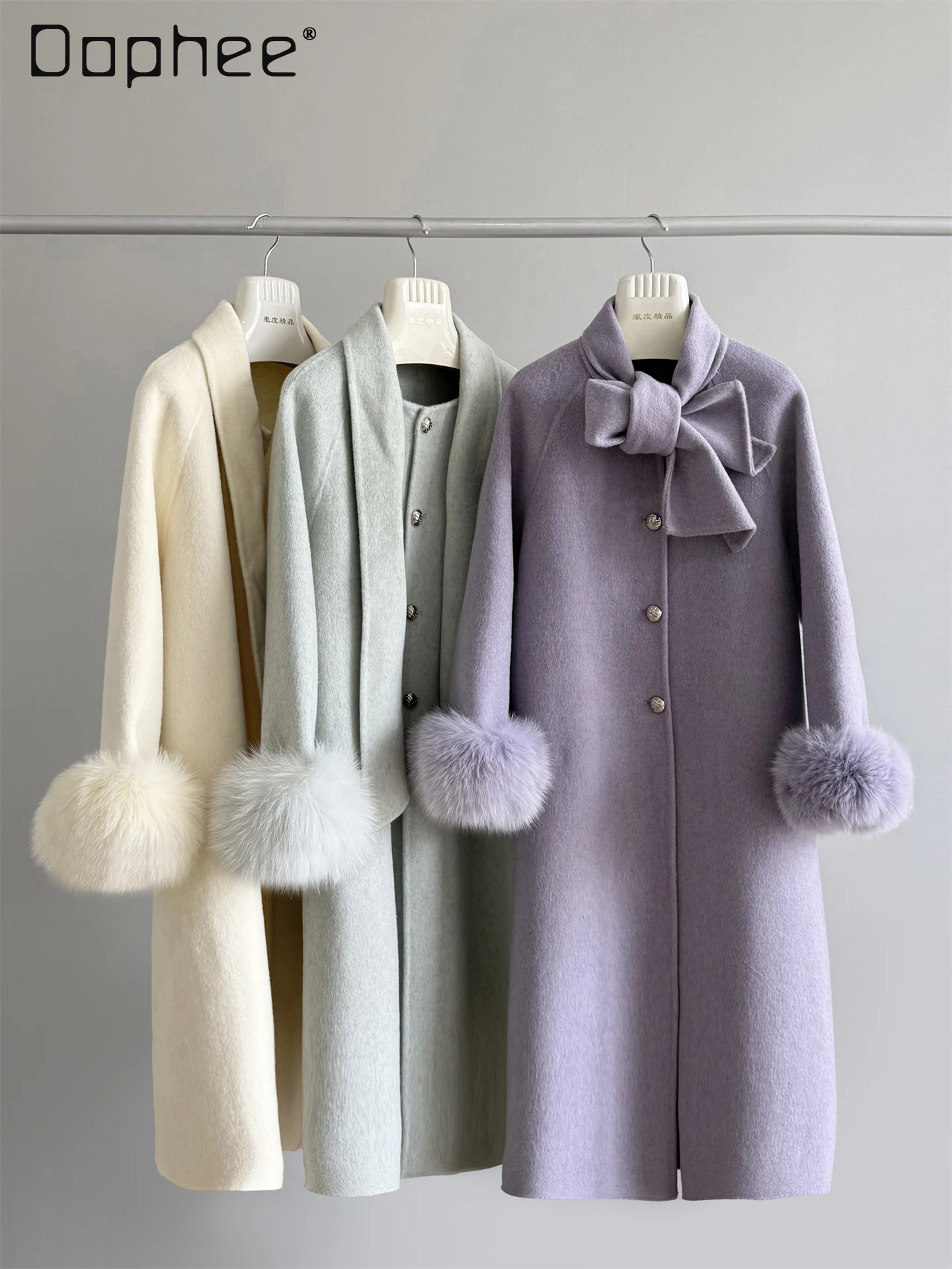 

Fox Fur Sleeve High-End Elegant Socialite Double-Sided Wool Coat Women Heavy Craft Neck Scarf Splicing Mid-Length Woolen Jackets