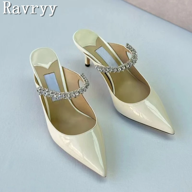 Luxury Pointed Toe Crystal Embellished Slippers Women Flat Bottomed Shallow Patent Leather Muller Summer New High Heel Sandals