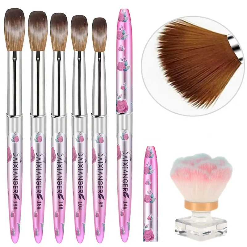 

Rose Kolinsky Nail Brushes Set Acrylic Powder Nail Extension 3D Carving for DIY Manicure Salon Drawing Tool 8/10/12/14/16 Size