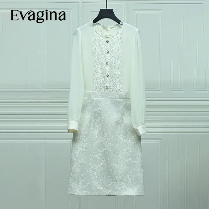 

Evagina 2023 High Street Runway Fashion Designer Dress Women's Ruffled Collar Lace Patchwork Jacquard Weave Elegant Slim Dress