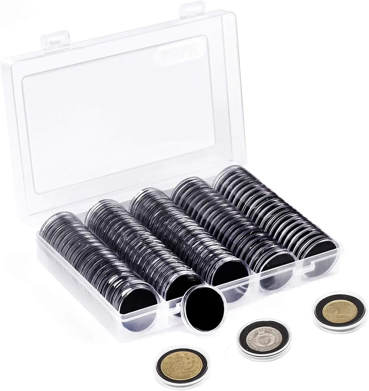 

Universal Black inner CushionCoin Capsules And 5 Sizes Protect Gasket Coin Holder Case with Plastic Storage Organizer Box