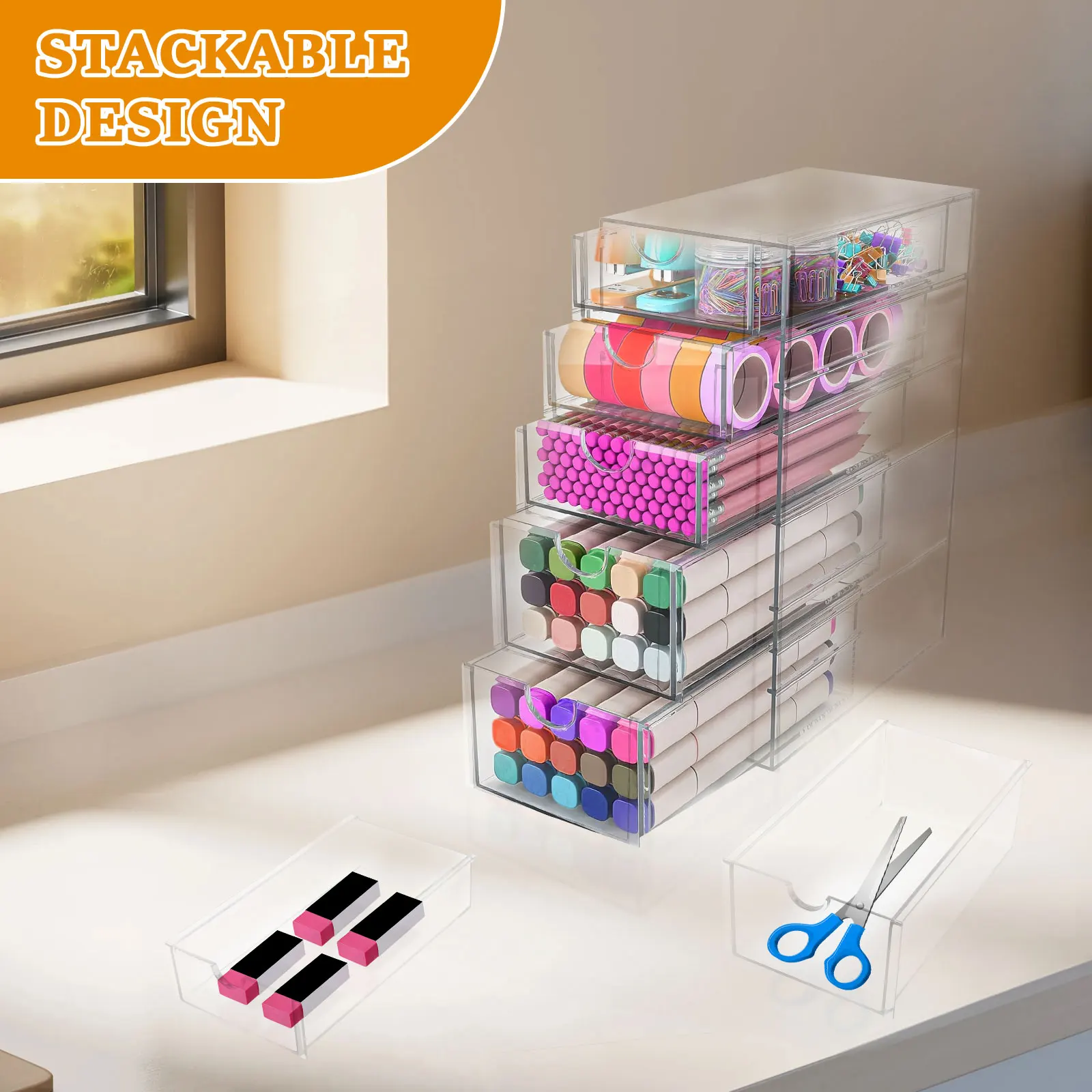 5 Tier Acrylic Drawer Organizer Clear Desk Organizer Drawers Stackable Makeup Hair Accessories Organizer with 5 Sliding Drawers