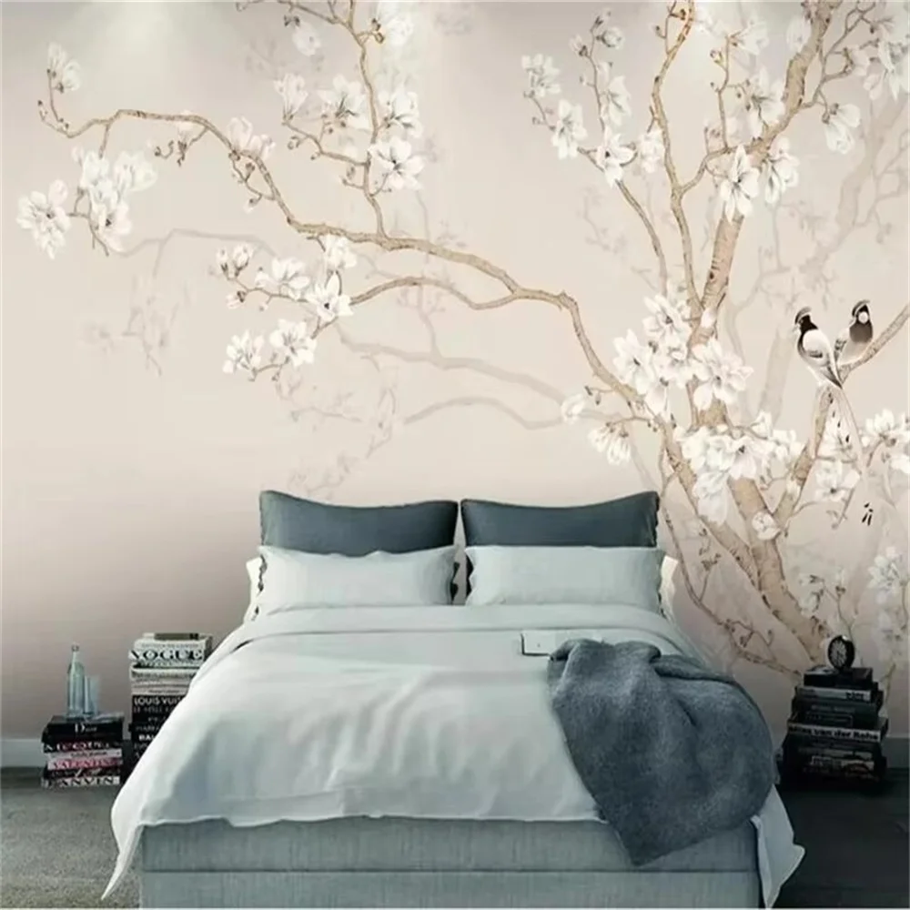 خلفية مخصصة ثلاثية الأبعاد صورة جدارية كبيرة عادي ماغنوليا الصينية رسمت باليد الطيور تلفزيون حائط الخلفية اللوحة خلفيات ديكور المنزل