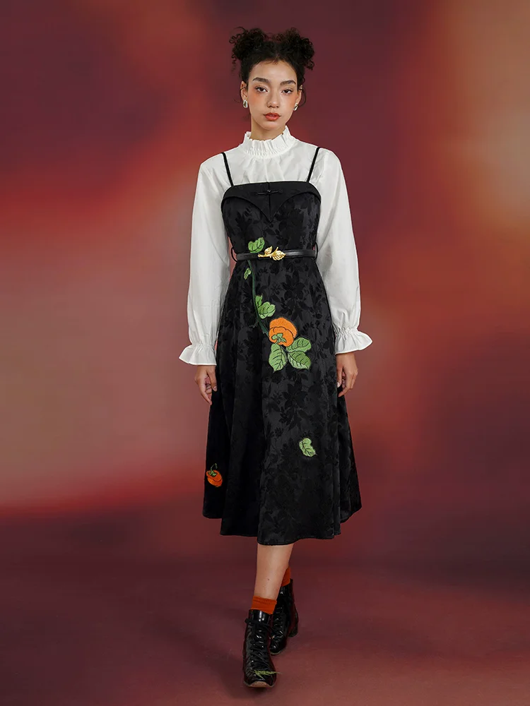 Spring Autumn Original Design Women All-match Black Persimmon Embroidered High Waist Spaghetti Strap Sleeveless PleatedDress